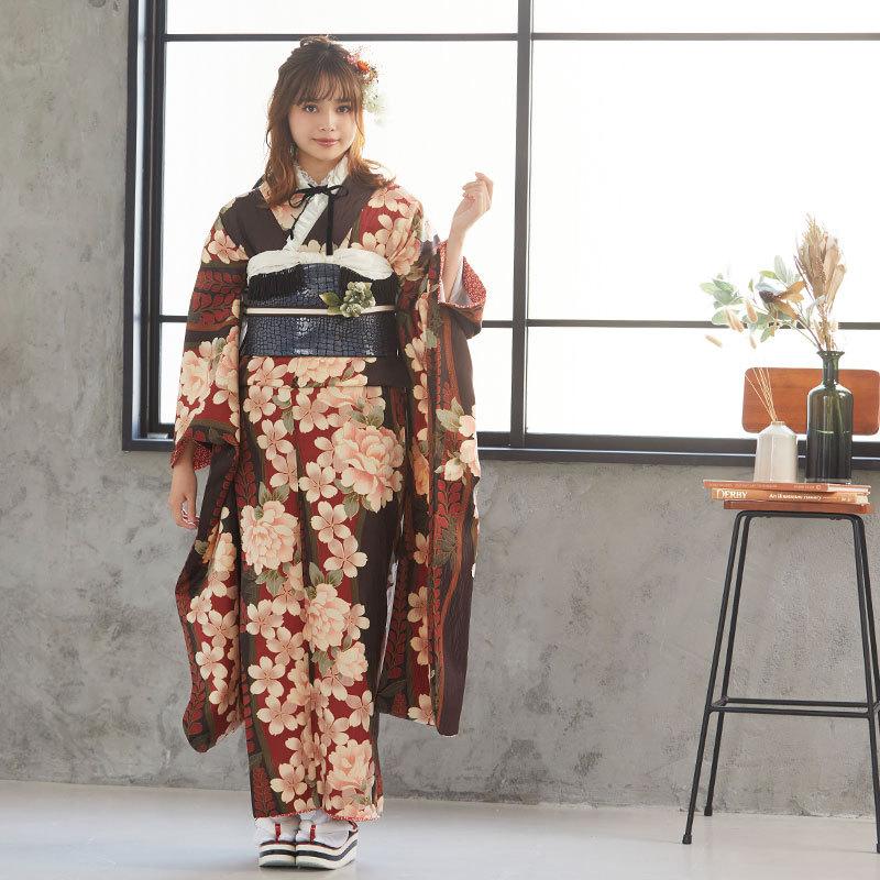 振袖 レンタル 成人式 結婚式 茶 桜牡丹に藤(宅)(R1850)12月〜1月利用