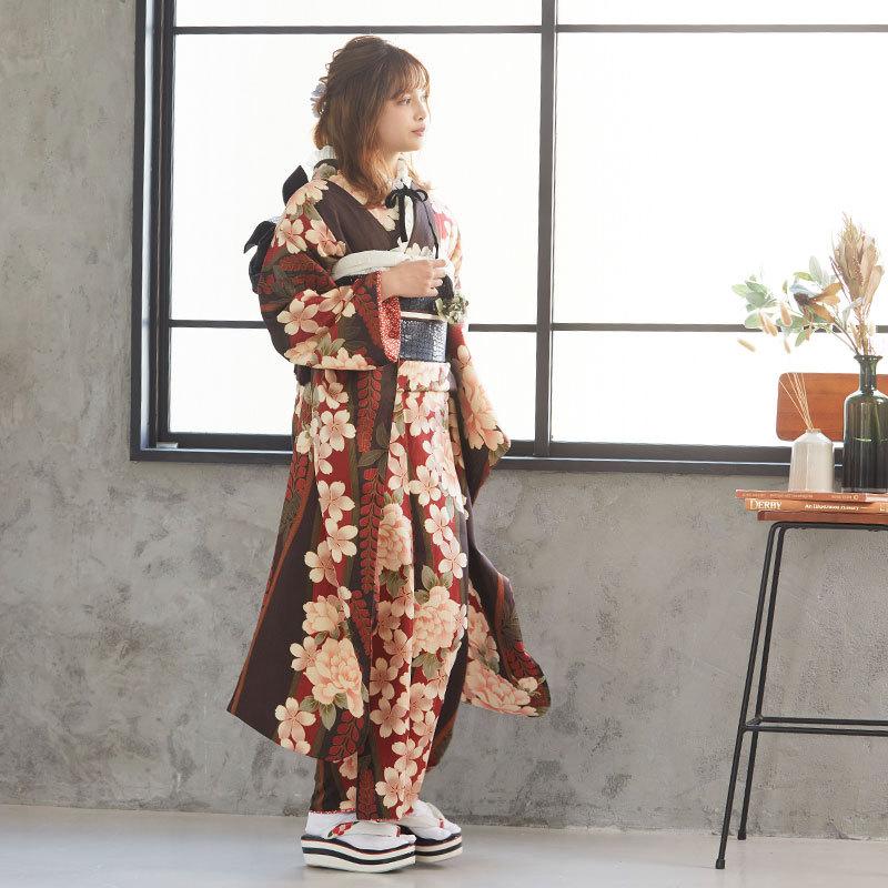 振袖 レンタル 成人式 結婚式 茶 桜牡丹に藤(宅)(R1850)12月〜1月利用