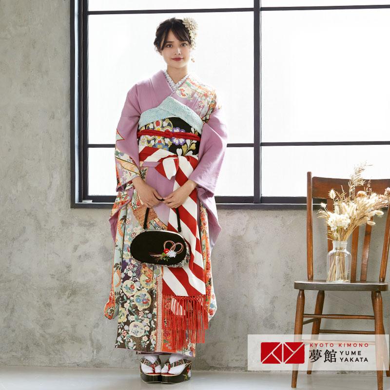 振袖 レンタル 成人式 結婚式 藤色 枝桜に熨斗目文(絹) 一点物12月〜1月利用 対応身長155〜159cm RS676