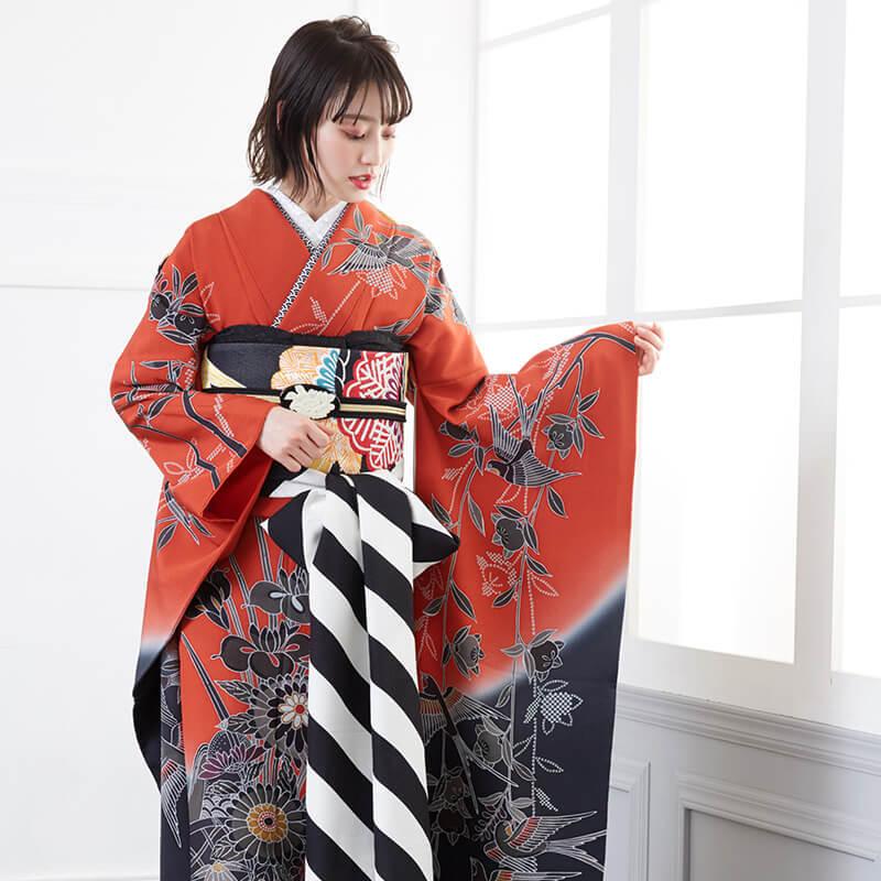 振袖 レンタル 成人式 結婚式 赤×黒 紅型 四季花鳥苑(絹)(宅 振袖 レンタル 成人式 結婚式 赤×黒 紅型 四季花鳥苑(絹)(宅