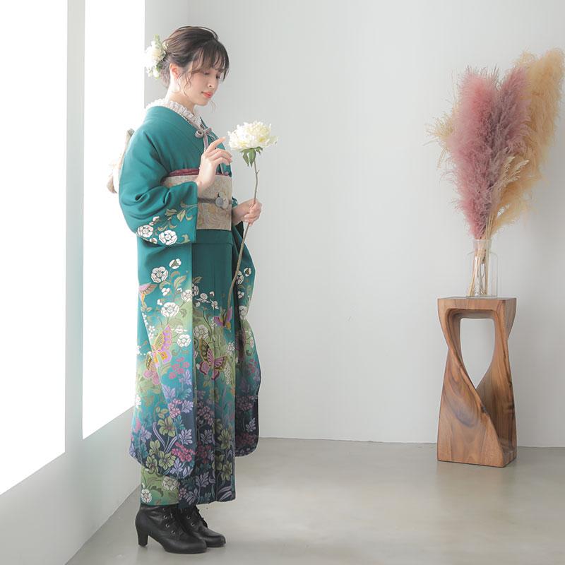 青緑色 花柄 振袖 絹製 青緑色 花柄 振袖 帯 成人式