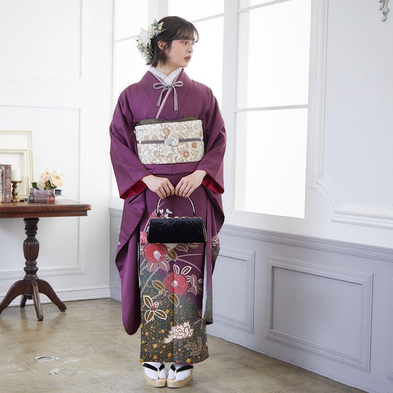 振袖 レンタル 成人式 結婚式 紫 椿と牡丹(絹)(宅) 一点物 12月〜1月利用 対応身長154〜165cm RS698の画像