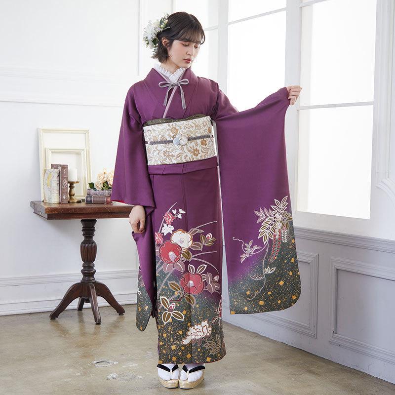 振袖 レンタル 成人式 結婚式 紫 椿と牡丹(絹)(宅) 一点物 12月〜1月利用 対応身長154〜165cm RS698の画像