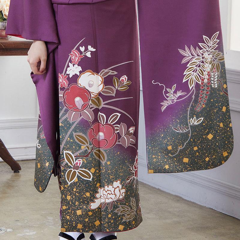 振袖 レンタル 成人式 結婚式 紫 椿と牡丹(絹)(宅) 一点物 12月〜1月利用 対応身長154〜165cm RS698の画像