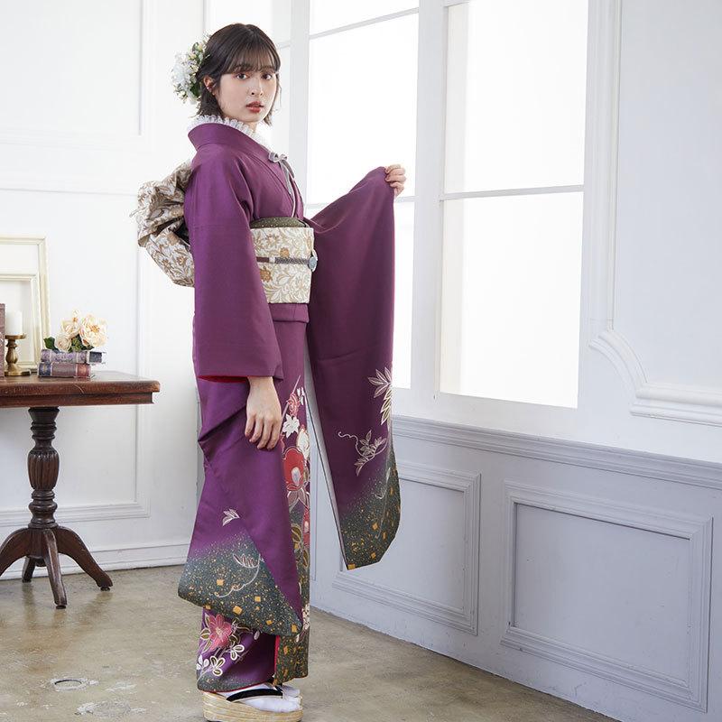 振袖 レンタル 成人式 結婚式 紫 椿と牡丹(絹)(宅) 一点物 12月〜1月利用 対応身長154〜165cm RS698の画像
