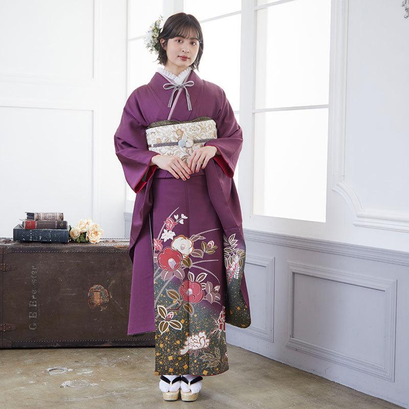 振袖 レンタル 成人式 結婚式 紫 椿と牡丹(絹)(宅) 一点物 12月〜1月利用 対応身長154〜165cm RS698の画像