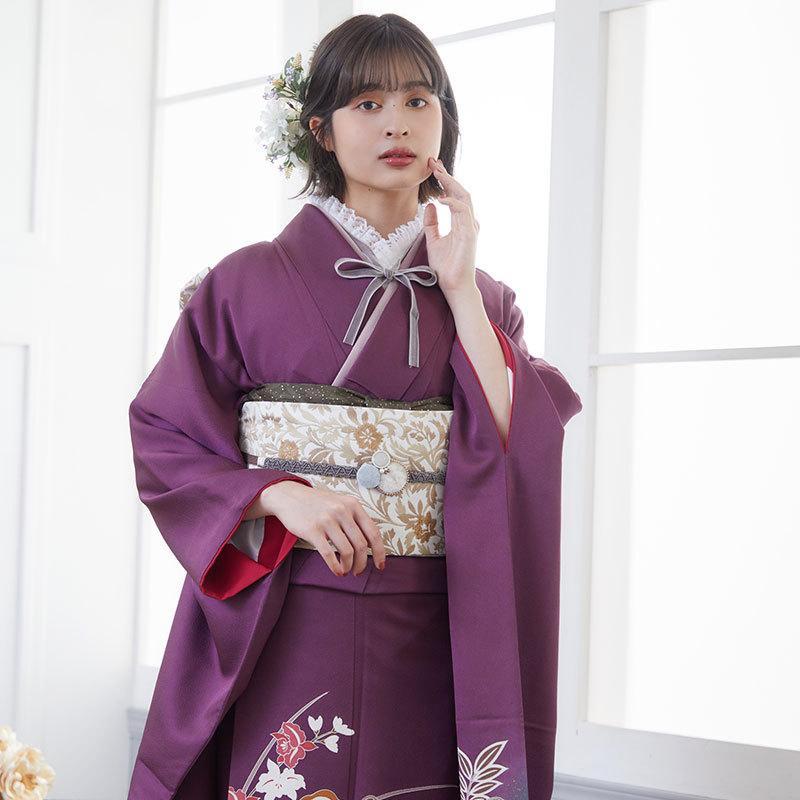 振袖 レンタル 成人式 結婚式 紫 椿と牡丹(絹)(宅) 一点物 12月〜1月利用 対応身長154〜165cm RS698の画像