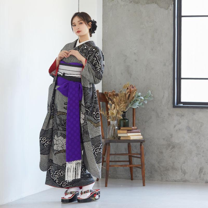 振袖 レンタル 成人式 結婚式 黒 総絞り 波頭に牡丹(絹) 一点物12月〜1