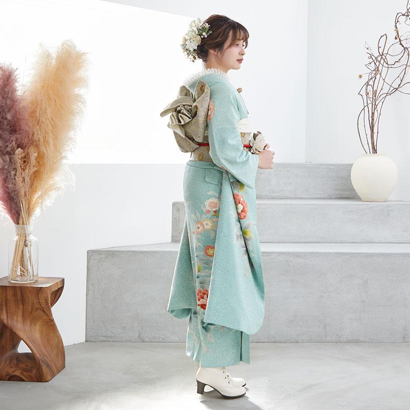 振袖 レンタル 成人式 結婚式 ブルー 清華牡丹(絹) 一点物12月〜1月