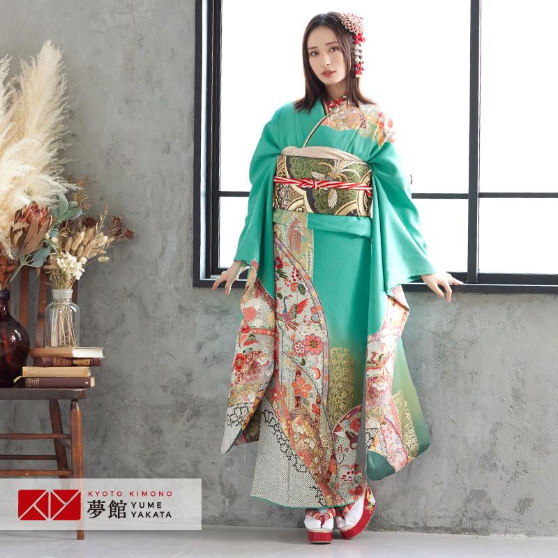 振袖 レンタル 成人式 結婚式 薄緑 正倉院文様(絹)(宅)12月〜1月利用 対応身長154〜165cm RS726