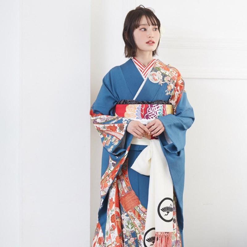 定価82800円振袖 レンタル 成人式 結婚式 青 枝桜に熨斗目文(絹)(宅