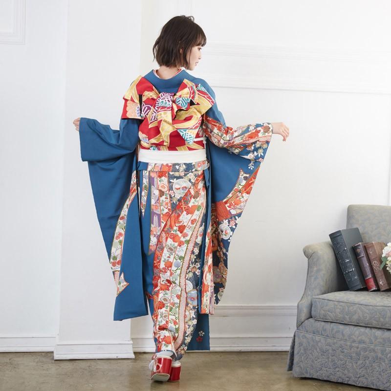 定価82800円 振袖 レンタル 成人式 結婚式 青 枝桜に熨斗目文(絹)(宅