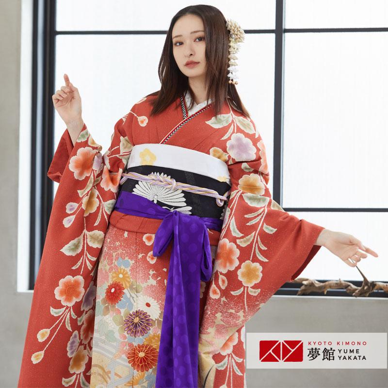 振袖 レンタル 成人式 結婚式 赤 桜菊花に水車(絹)(宅) 一点物12月〜1 