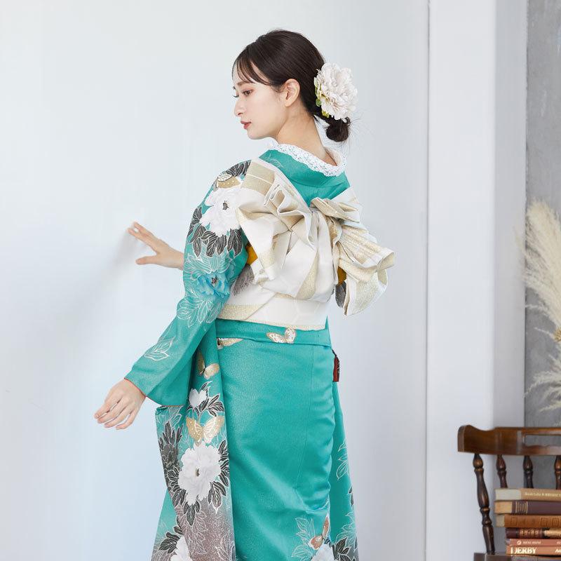 振袖 レンタル 成人式 結婚式 ラメグリーン 牡丹に蝶(絹) 一点物 振袖 レンタル 成人式 結婚式 ラメグリーン 牡丹に蝶(絹) 一点物