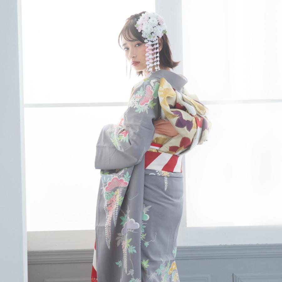 振袖 レンタル 成人式 結婚式 グレー 地紙に四季花(絹)(宅)12月〜1月
