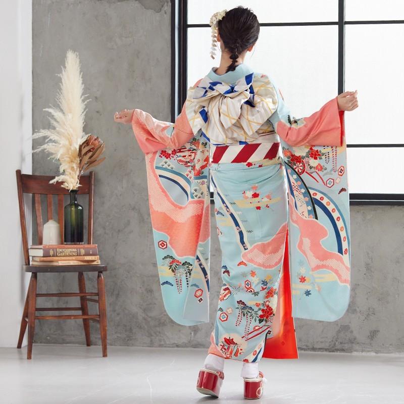 振袖 レンタル 成人式 結婚式 水色 霞に吉祥花車(絹)(宅) 一点物12月