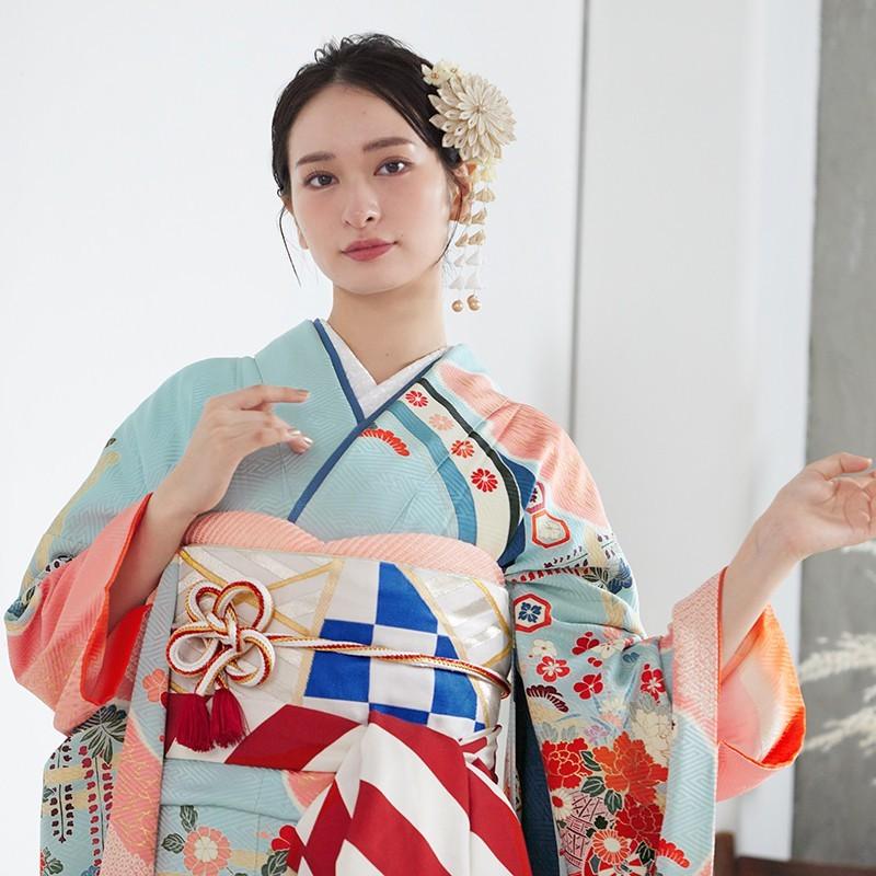 振袖 レンタル 成人式 結婚式 水色 霞に吉祥花車(絹)(宅) 一点物12月