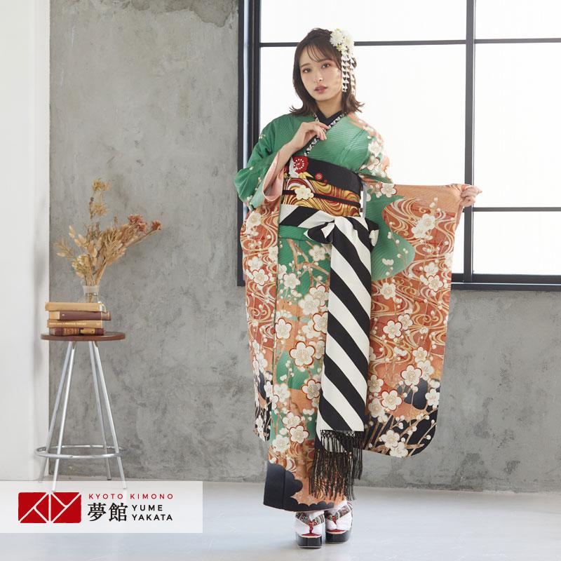 振袖 レンタル 成人式 結婚式 緑 梅に観世水(絹) 一点物12月〜1月利用