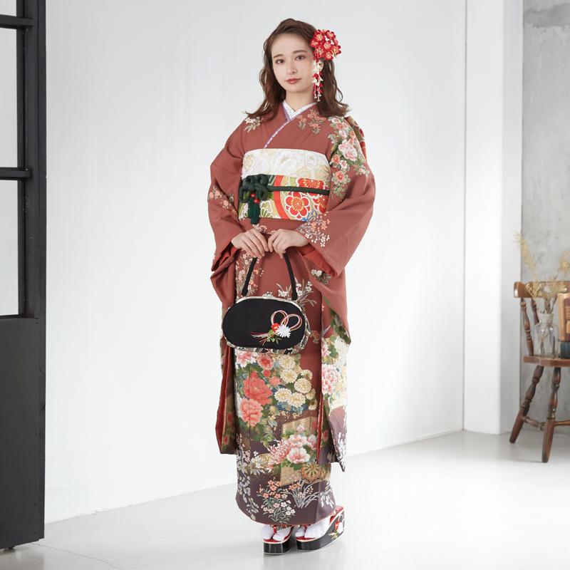 振袖 レンタル 成人式 結婚式 薄茶 屏風牡丹花車(絹)(宅) 一点物12月