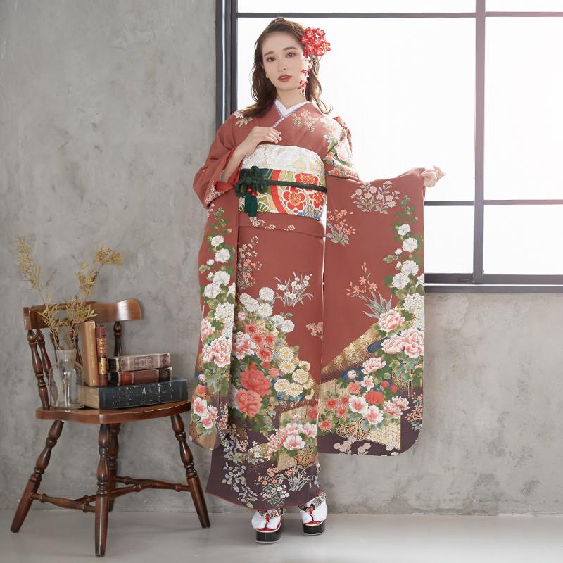 振袖 レンタル 成人式 結婚式 薄茶 屏風牡丹花車(絹)(宅) 一点物12月