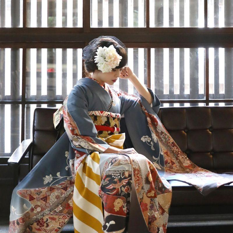 振袖 レンタル 成人式 結婚式 グレー 熨斗に唐花(絹)(宅) 一点物12月