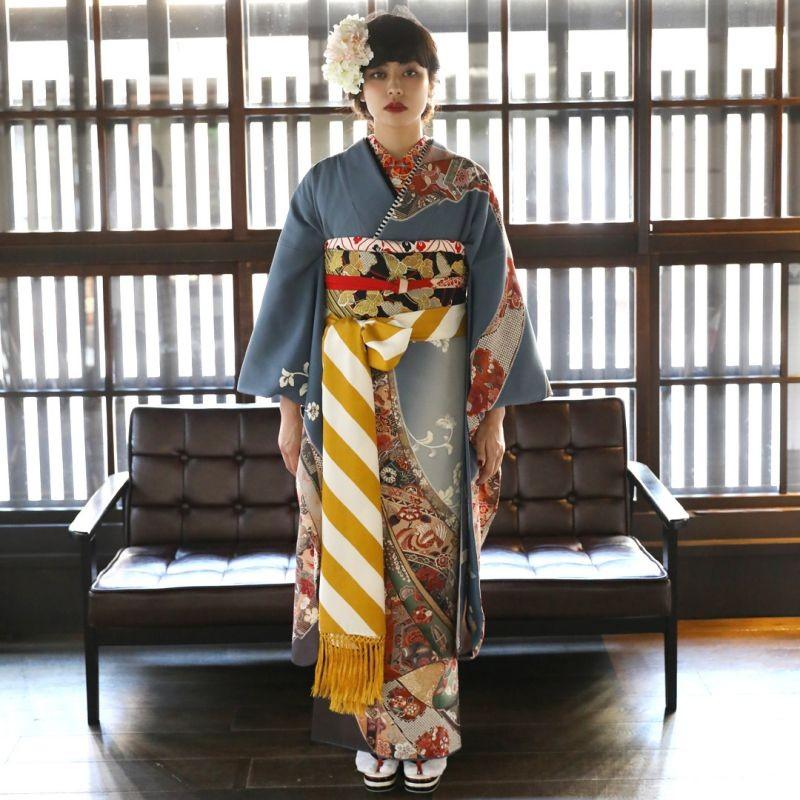 振袖 レンタル 成人式 結婚式 グレー 熨斗に唐花(絹)(宅) 一点物12月