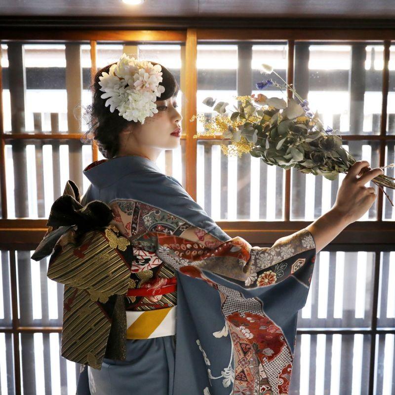 振袖 レンタル 成人式 結婚式 グレー 熨斗に唐花(絹)(宅) 一点物12月