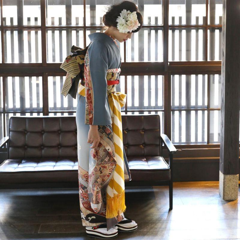 振袖 レンタル 成人式 結婚式 グレー 熨斗に唐花(絹)(宅) 一点物12月