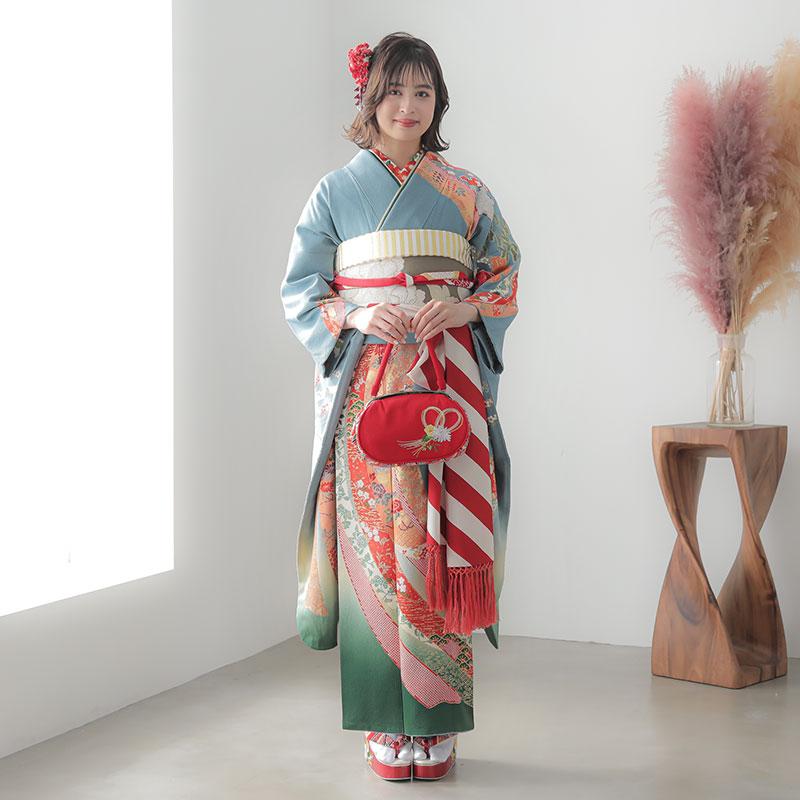 振袖 レンタル 成人式 結婚式 水色 熨斗に松梅(絹) 一点物 12月〜1月