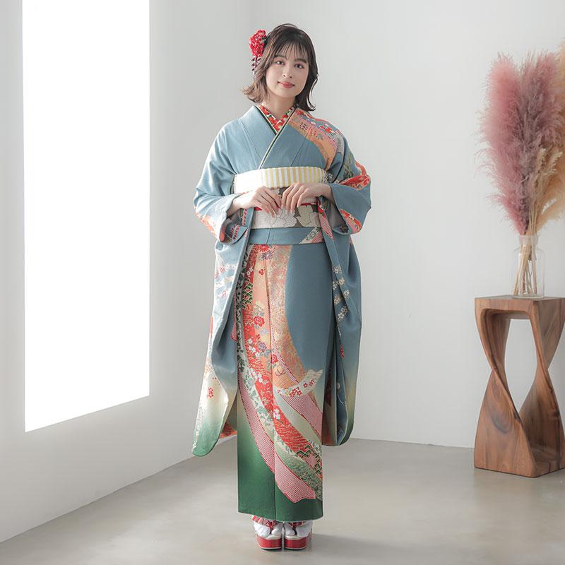 振袖 レンタル 成人式 結婚式 水色 熨斗に松梅(絹) 一点物 12月 振袖 レンタル 成人式 結婚式 水色 熨斗に松梅(絹) 一点物 12月