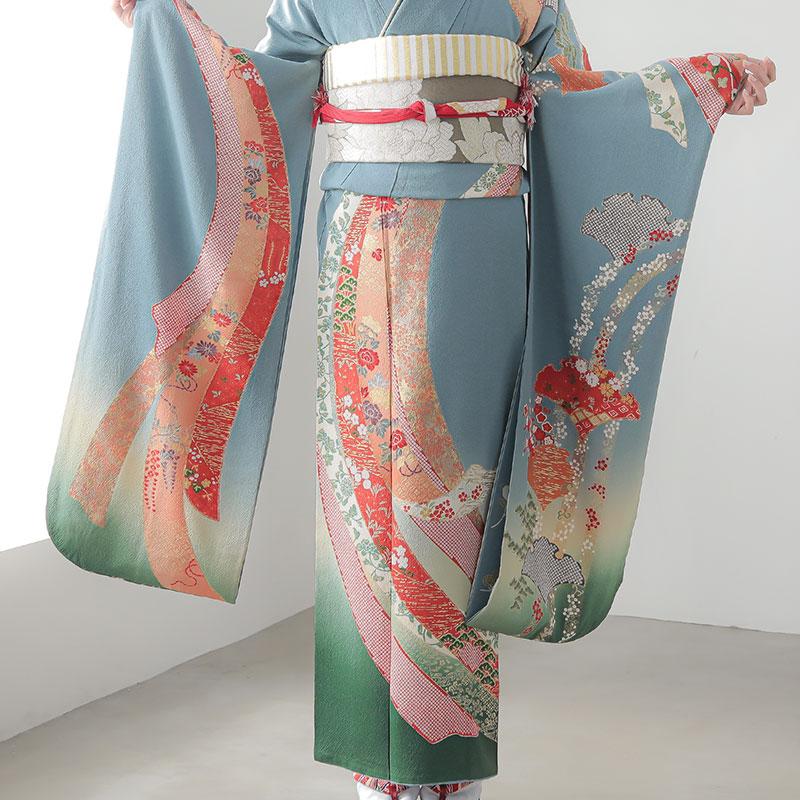 振袖 レンタル 成人式 結婚式 水色 熨斗に松梅(絹) 一点物 12月