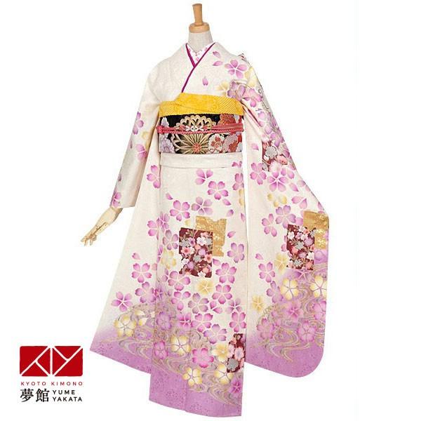 振袖 レンタル 成人式 結婚式 白　色紙と桜流水(絹)(宅) 一点物12月〜1月利用 対応身長154〜165cm RS830