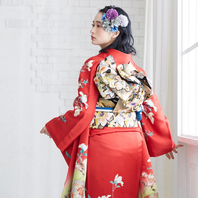 ◇お振袖 グレー 赤 花柄 成人式 結婚式 定価68200円セール開催中！振袖 レンタル 成人式 結婚式 赤 遊鳥