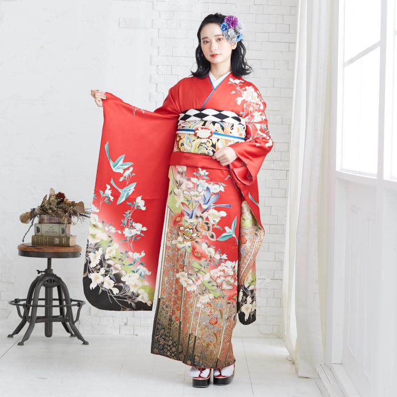 ◇お振袖 グレー 赤 花柄 成人式 結婚式 定価68200円セール開催中！振袖 レンタル 成人式 結婚式 赤 遊鳥