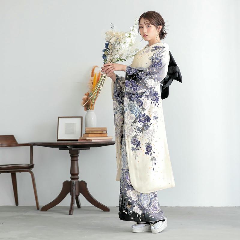 振袖 レンタル 成人式 結婚式 オフホワイト 枝垂桜に牡丹(絹) FINAL
