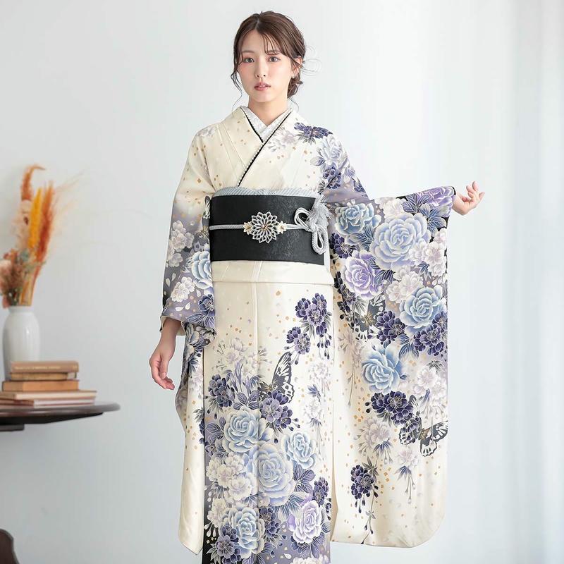 振袖 レンタル 成人式 結婚式 オフホワイト 枝垂桜に牡丹(絹) FINAL