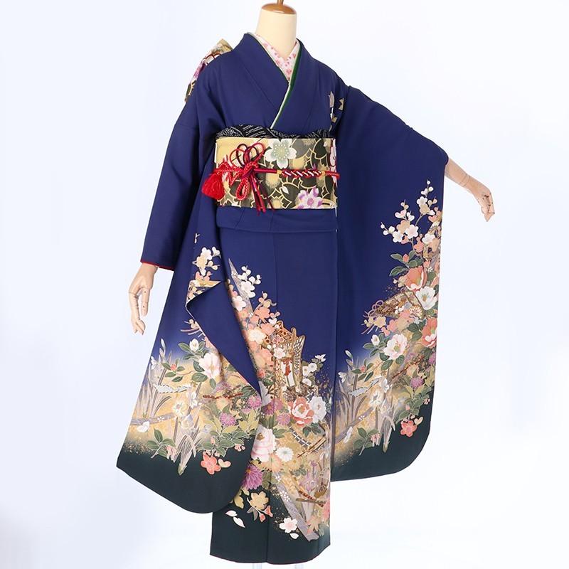 振袖 レンタル 成人式 結婚式 訳あり商品 安い 青 御所車に四季の花(絹