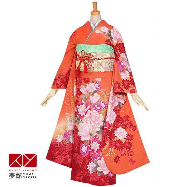 振袖 レンタル 成人式 結婚式 オレンジ　薔薇と乱菊(絹) 一点物12月〜1月利用 対応身長154〜165cm RS902