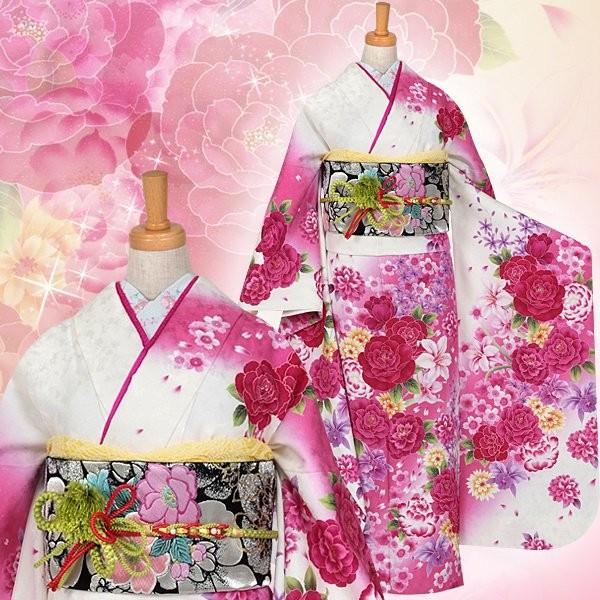 振袖 レンタル 成人式 結婚式 白ピンク　牡丹と百合(絹) 一点物12月〜1月利用 対応身長154〜165cm RS906_3