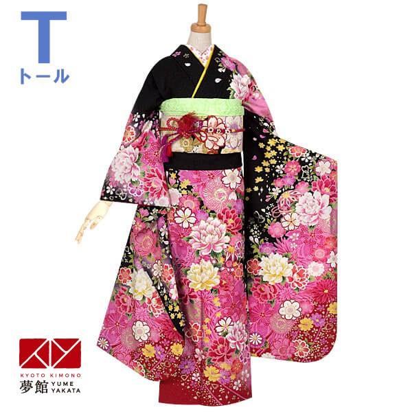 振袖 レンタル 成人式 結婚式 黒　ハートリング桜と牡丹(絹) 一点物12月〜1月利用 対応身長165〜169cm RS916