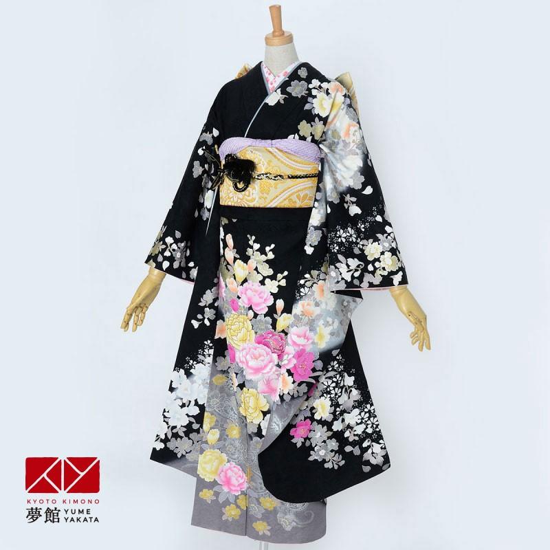 振袖 レンタル 成人式 結婚式 黒　牡丹とペイズリー(絹) 一点物12月〜1月利用 対応身長154〜165cm RS919