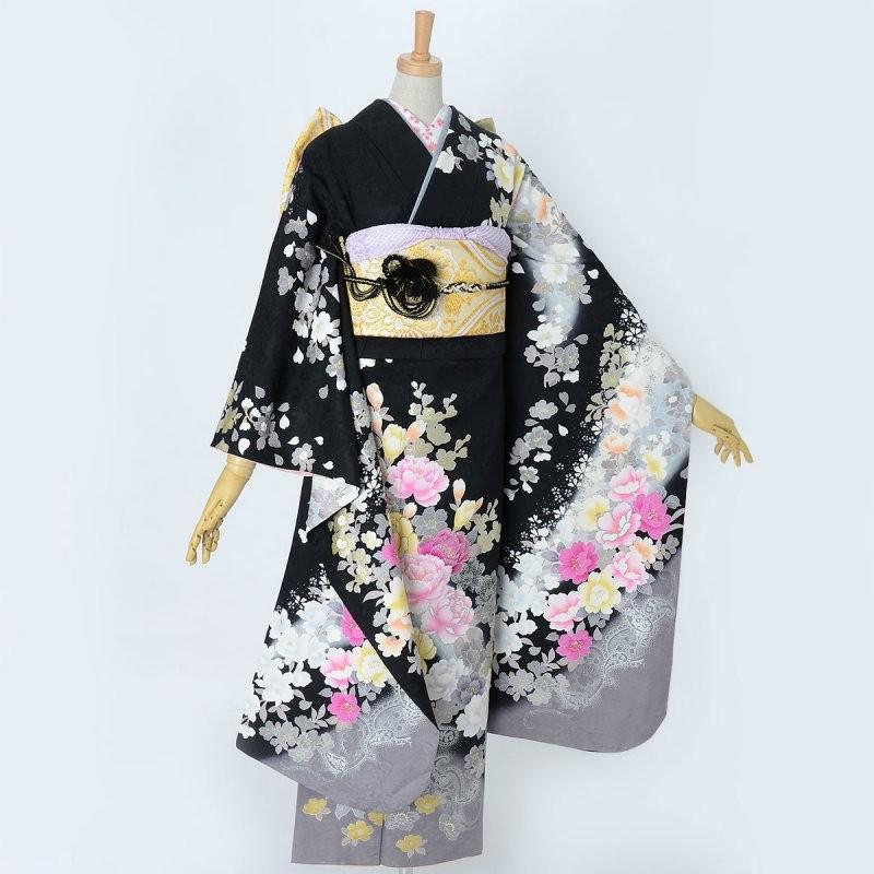 振袖 レンタル 成人式 結婚式 黒　牡丹とペイズリー(絹) 一点物12月〜1月利用 対応身長154〜165cm RS919_3