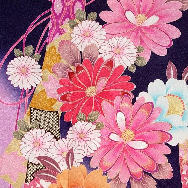 振袖 レンタル 成人式 結婚式 紺 菊花と花短冊(絹) 一点物 12月〜1月利用 対応身長154〜165cm RS926の画像