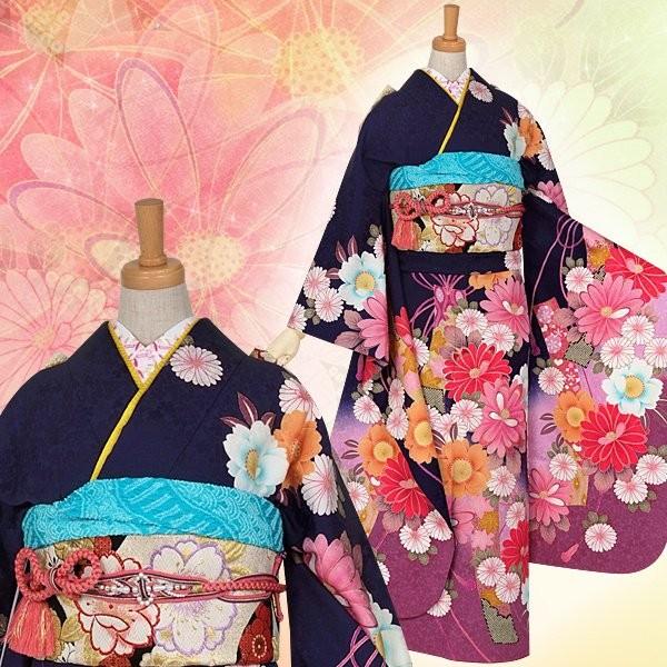 振袖 レンタル 成人式 結婚式 紺 菊花と花短冊(絹) 一点物 12月〜1月利用 対応身長154〜165cm RS926の画像