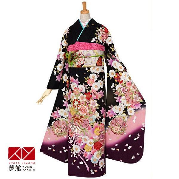 振袖 レンタル 成人式 結婚式 黒　短冊に四季の花(絹) 一点物12月〜1月利用 対応身長154〜165cm RS935