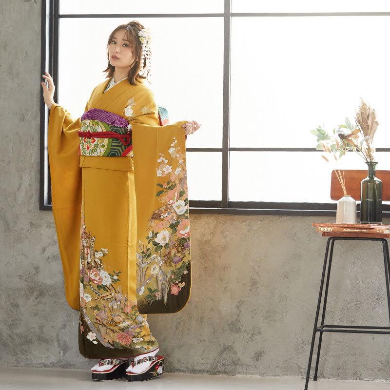 振袖 レンタル 成人式 結婚式 金茶 御所車に四季の花(絹) 一点物 振袖 レンタル 成人式 結婚式 金茶 御所車に四季の花(絹) 一点物