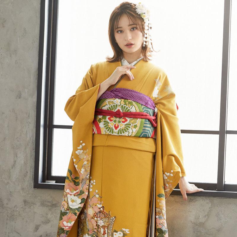 振袖 レンタル 成人式 結婚式 金茶 御所車に四季の花(絹) 一点物 振袖 レンタル 成人式 結婚式 金茶 御所車に四季の花(絹) 一点物