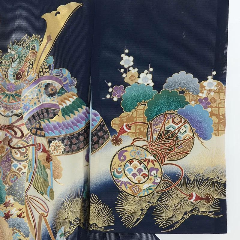 産着 お宮参り 着物 レンタル 男の子 夏用 絽 紺 兜に几帳 の