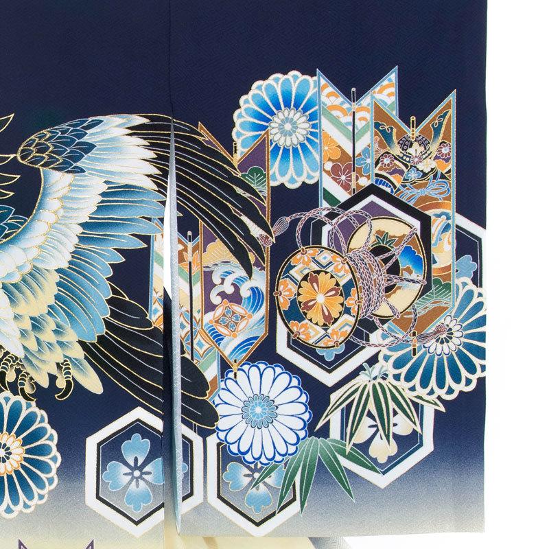 お宮参り 0歳男の子 産着初着 リメイク素材 黒地 兜 松 太鼓 家紋