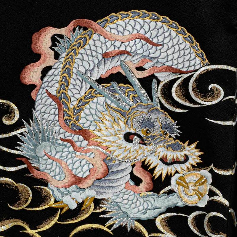 産着 お宮参り 着物 レンタル 男の子 手振り刺繍 黒 龍に虎 瑞雲